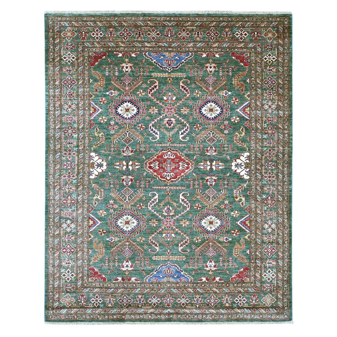 8'x10' Green Afghan Super Kazak with All Over Design Hand Knotted Wool Rug (1 of 11)