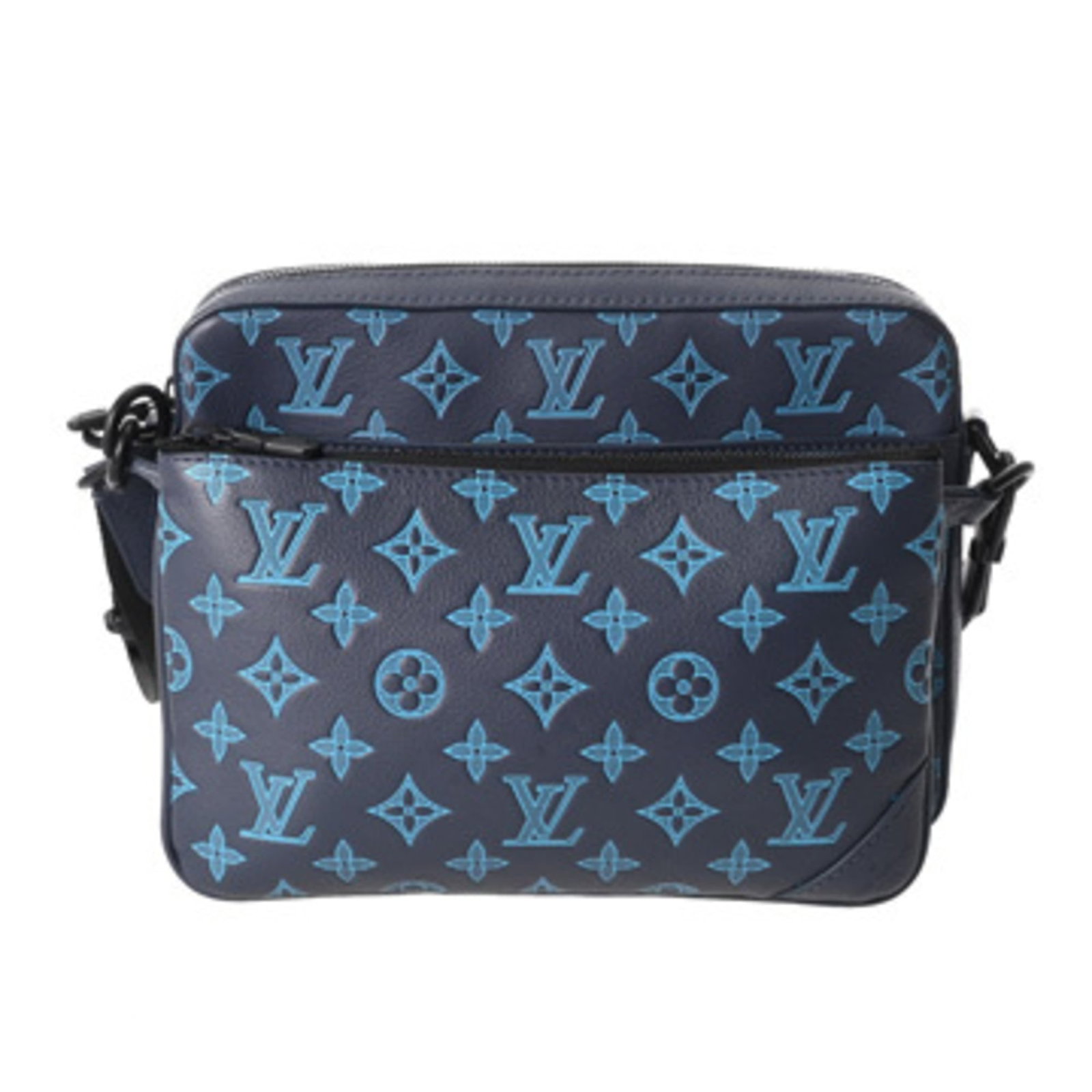 Leather Louis Vuitton Shoulder Bag: Leather Louis Vuitton Shoulder Bag A pre-owned Louis Vuitton shoulder bag in stunning blue leather, boasting the iconic LV monogram pattern and a sleek zipper closure. With its classic design and