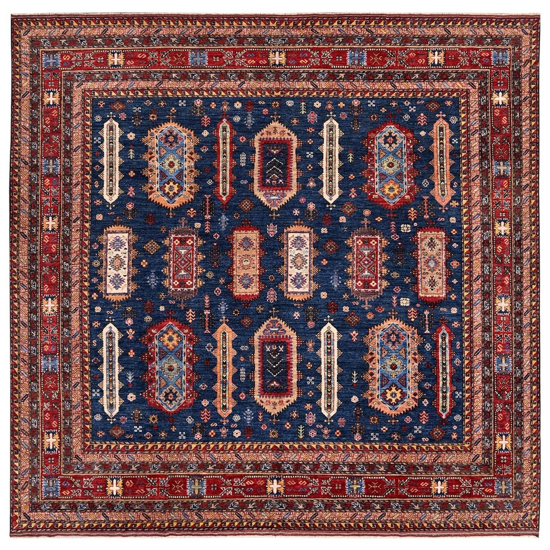 10'2"x10'2" Yale Blue Caucasian Design Revival Hand Knotted Wool Square Rug (1 of 12)