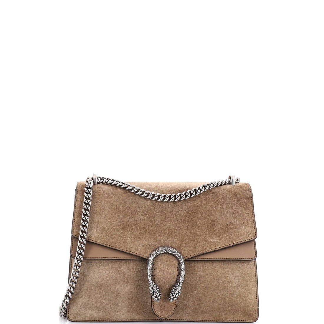 Gucci Dionysus small suede bag: Gucci Dionysus small suede bag The Gucci Dionysus small suede bag is a stylish and versatile accessory that exudes luxury with its rich brown suede exterior and sleek silver hardware. With its