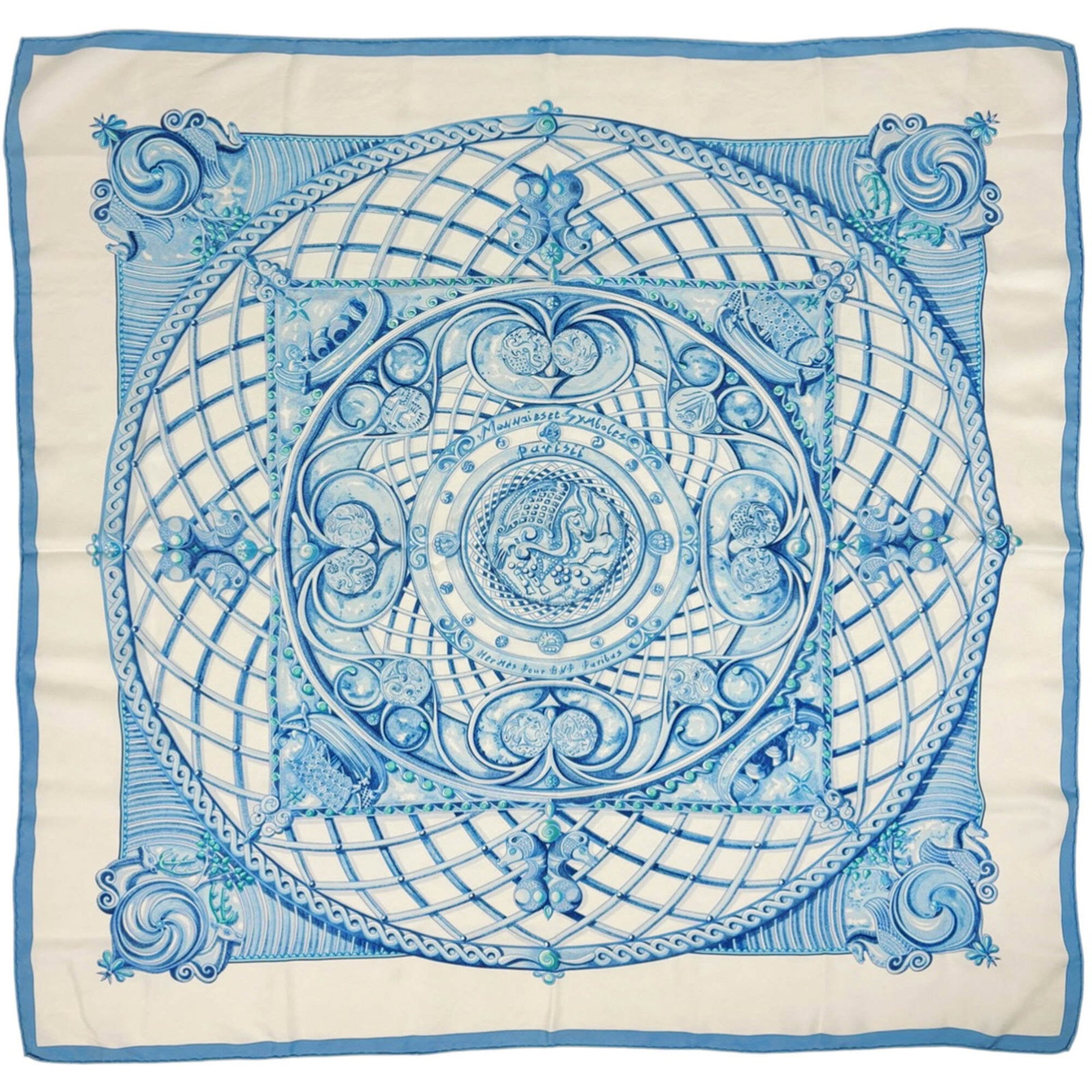 Hermes silk scarf: Hermes silk scarf A stunning Hermes silk scarf in a beautiful blue and white hue, perfect for adding a touch of elegance to any outfit. Made from high-quality silk, this classic accessory is both