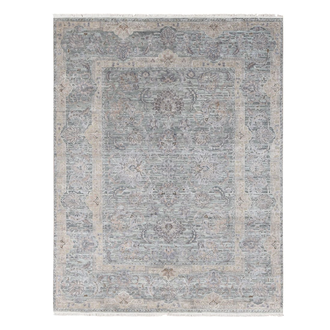 7'10"x10'2" Laurel Green Mughal Design Pure Silk Hand Knotted Rug (1 of 12)