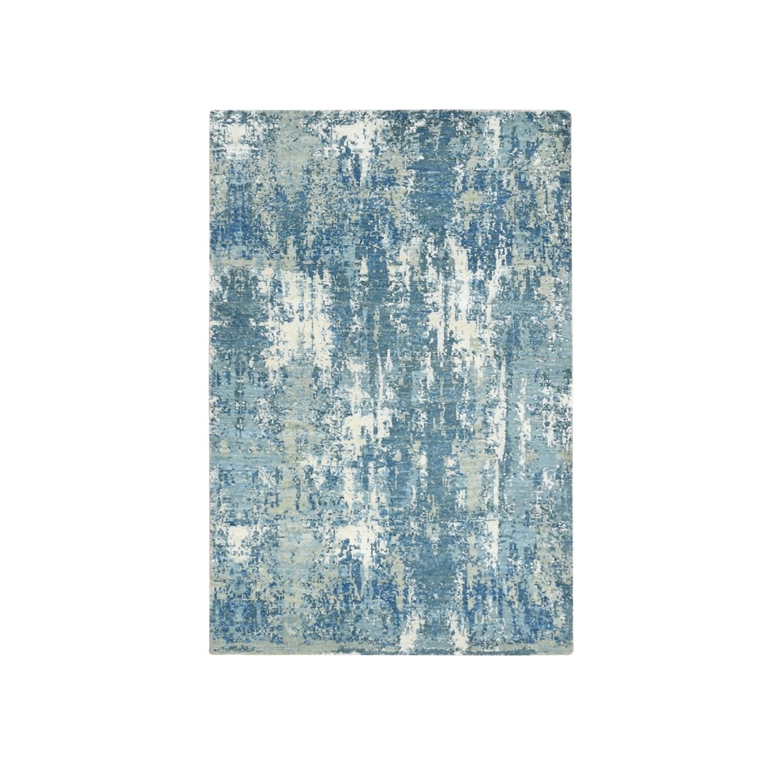 3'2"x5'2" Powder Blue Pure Silk and Wool Abstract Design Hand Knotted Rug: 3'2"x5'2" Powder Blue Pure Silk and Wool Abstract Design Hand Knotted Rug Experience the rich beauty of Indian craftsmanship with this stunning 3'2"x5'2" Powder Blue Pure Silk and Wool Abstract Design