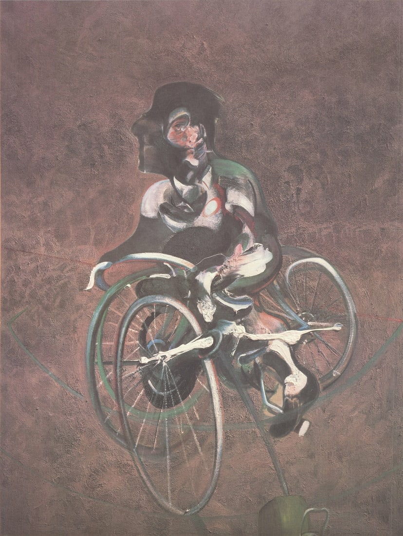 FRANCIS BACON Georges Cyclist (No Border) 26.5" x 20" Offset Lithograph 1995 Exp: FRANCIS BACON Georges Cyclist (No Border) 26.5" x 20" Offset Lithograph 1995 Exp A striking and bold offset lithograph by Francis Bacon, Georges Cyclist (No Border) is a powerful representation of