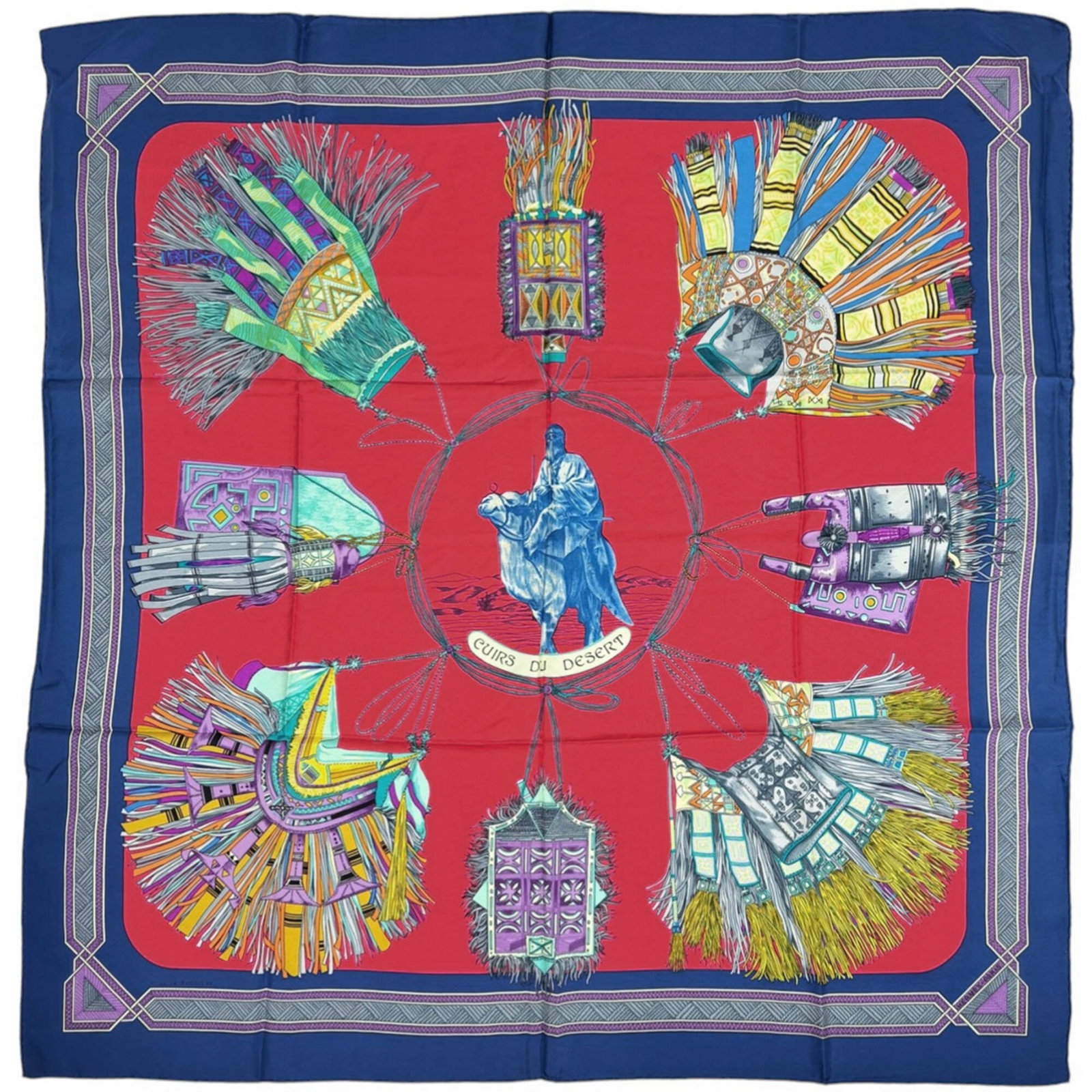 Hermes silk scarf: Hermes silk scarf A vibrant and timeless piece, this pre-owned Hermes silk scarf boasts the iconic brand's signature craftsmanship and luxurious feel. With its rich blue and multi-color hues, it adds