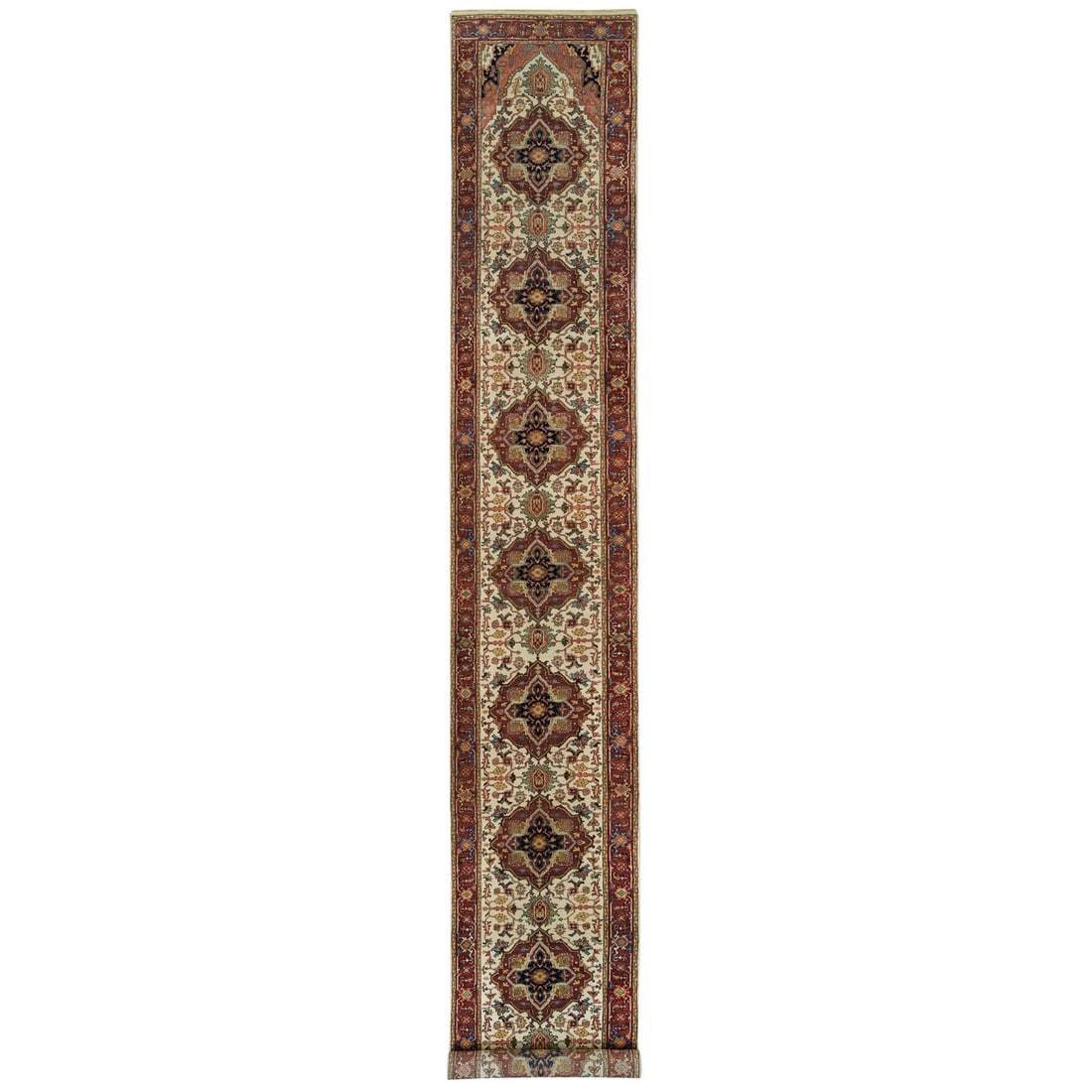 2'6"x18' Ivory Wool Heris Re-Creation Hand Knotted XL Runner Oriental Rug: 2'6"x18' Ivory Wool Heris Re-Creation Hand Knotted XL Runner Oriental Rug Experience the rich beauty of India's Heris rug tradition in this stunning, hand-knotted XL runner, crafted from luxurious