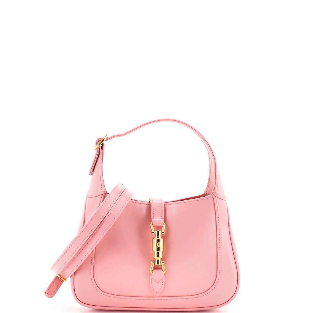 Gucci Jackie is a mini leather hobo from 1961.: Gucci Jackie is a mini leather hobo from 1961. For sale is a rare and iconic 1961 Gucci Jackie mini leather hobo, boasting sleek pink exterior leather and neutral microfiber interior. This miniature