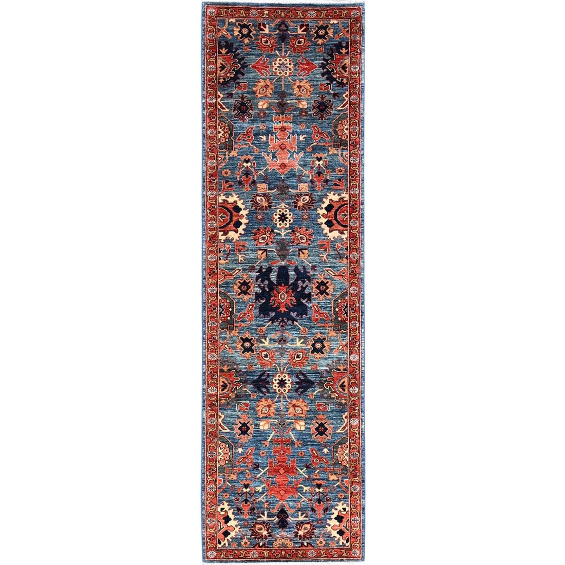 2'9"x9'9" Imperial Blue Heris All Over Design Wool Hand Knotted Runner Rug: 2'9"x9'9" Imperial Blue Heris All Over Design Wool Hand Knotted Runner Rug Experience the rich beauty of Turkish craftsmanship with this stunning Imperial Blue Heris all-over design wool hand-knotted