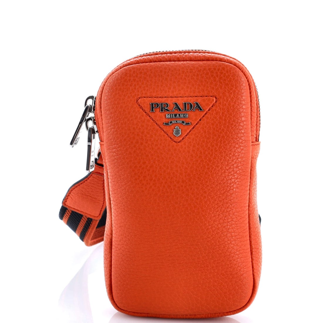 Prada Phone Crossbody Vitello Daino Flou: Prada Phone Crossbody Vitello Daino Flou A vibrant orange Prada Flou phone crossbody bag in excellent condition, boasting a sleek and stylish design with minor creases on the exterior leather and