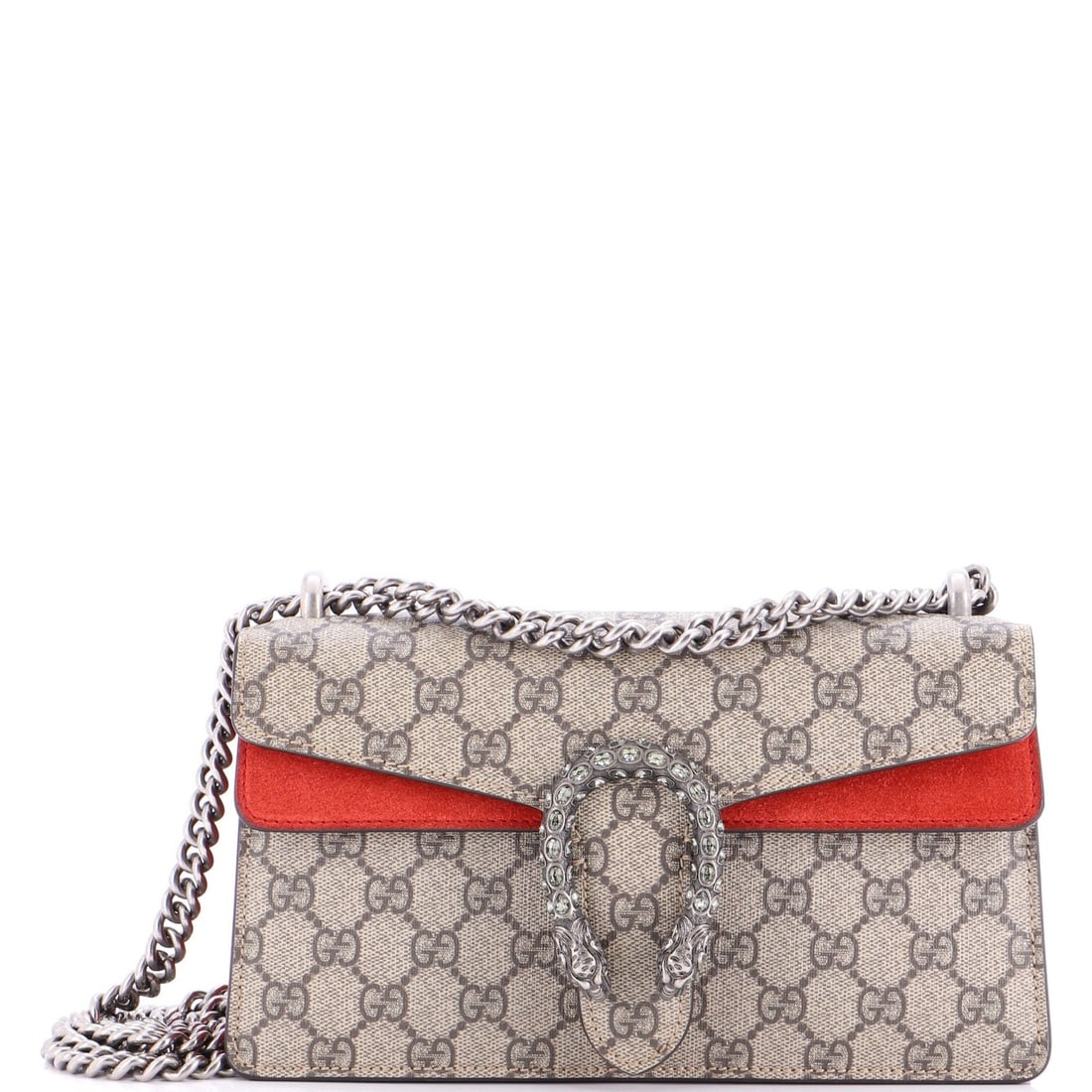 Gucci GG Coated Canvas Small Dionysus Bag with Crystal Embellished Metal: Gucci GG Coated Canvas Small Dionysus Bag with Crystal Embellished Metal Elevate your style with the iconic Gucci Dionysus Bag, boasting a striking red exterior and crystal-embellished metal accents t