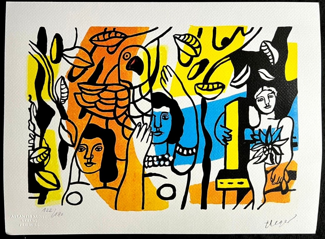 Lithograph by Fernand Lger: Lithograph by Fernand Lger A stunning lithograph by Fernand Leger, "Women with Parrots", is up for auction. Printed in 1978 by Atlantis Verlag, this chromolithography artwork boasts the signature of