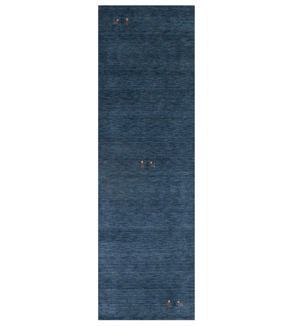 Modern Steel Blue Contemporary Gabbeh Runner Wool 2'6x7'11 3X8 Tribal Rug: Modern Steel Blue Contemporary Gabbeh Runner Wool 2'6x7'11 3X8 Tribal Rug Experience the beauty of handloomed craftsmanship with our Modern Steel Blue Contemporary Gabbeh Runner, expertly woven from