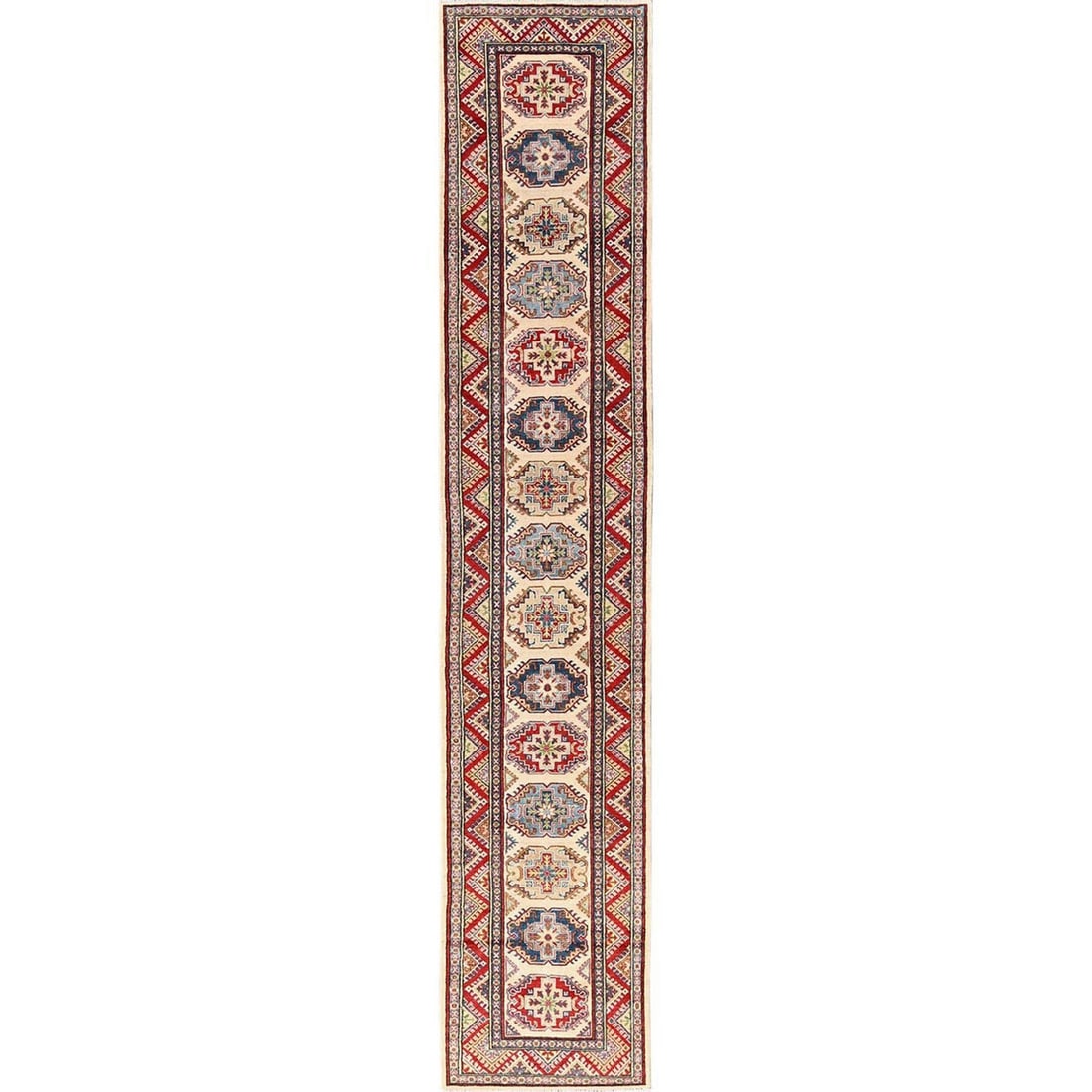 2'9"x15'5" Ivory Hand Knotted Rug Wool Kazak with Geometric Design Runner (1 of 7)