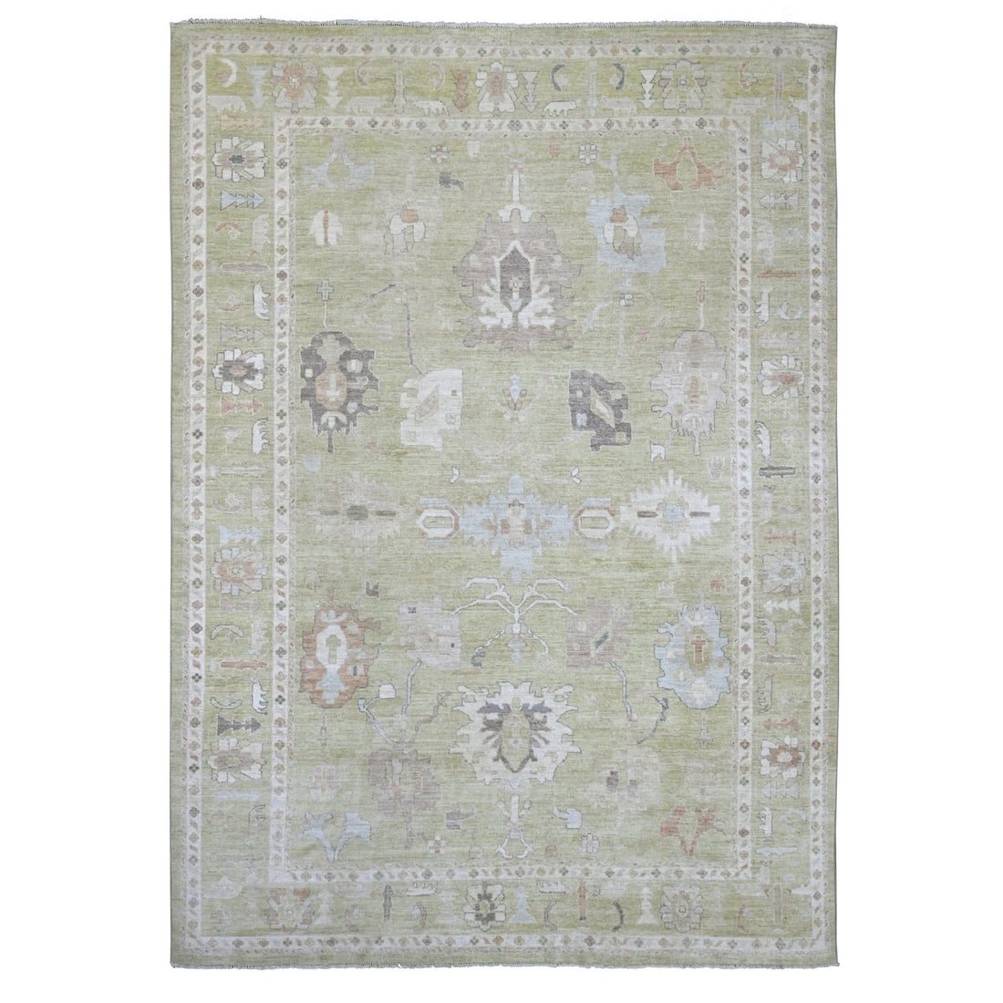 10'x13'7" Green Afghan Angora Oushak with Leaf Design Hand Knotted Wool: 10'x13'7" Green Afghan Angora Oushak with Leaf Design Hand Knotted Wool Experience the rich beauty of traditional Afghan craftsmanship in this stunning 10'x13'7" Green Oushak rug, hand-knotted from