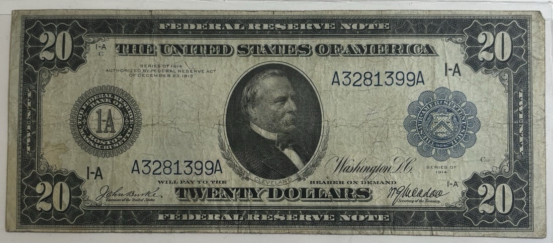 1914 $20 BOSTON FEDERAL RESERVE NOTE BLUE SEAL RAW FINE (1 of 2)