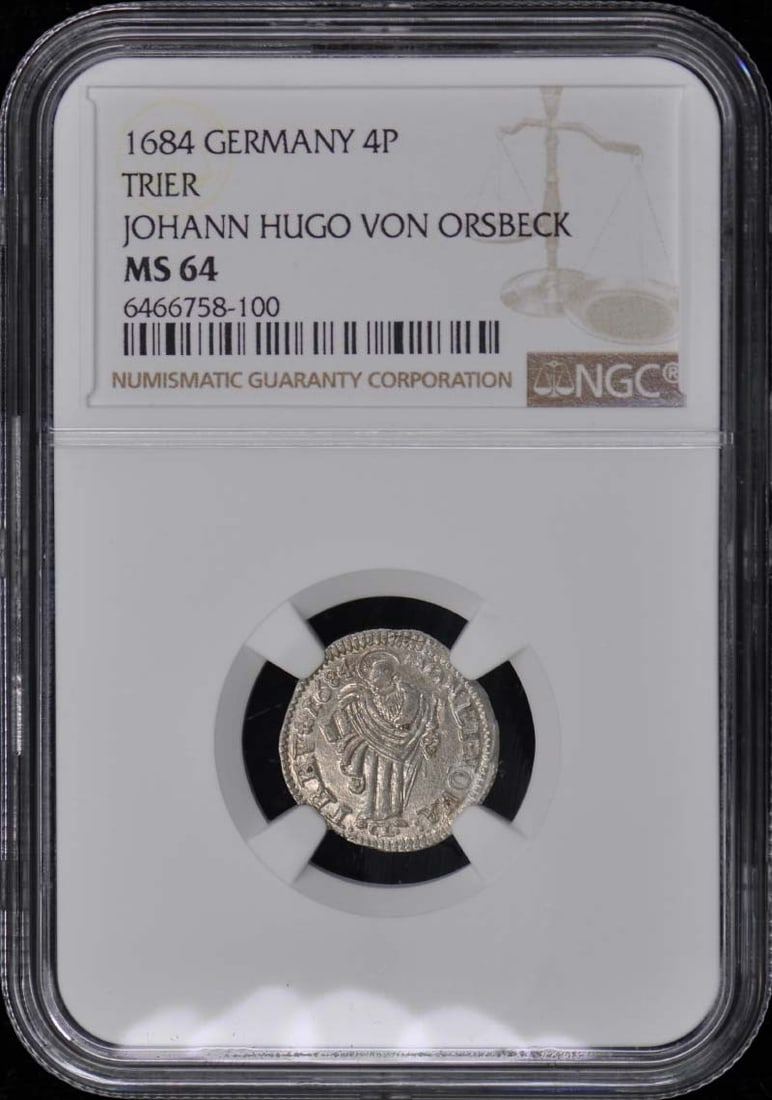 1684 Germany 4 Pence Johann Hugo Von Orsbeck Trier NGC MS64: 1684 Germany 4 Pence Johann Hugo Von Orsbeck Trier NGC MS64 Experience the rich history of 17th century Germany with this stunning 1684 Trier 4 Pence coin, certified by NGC and graded MS64. Featuring