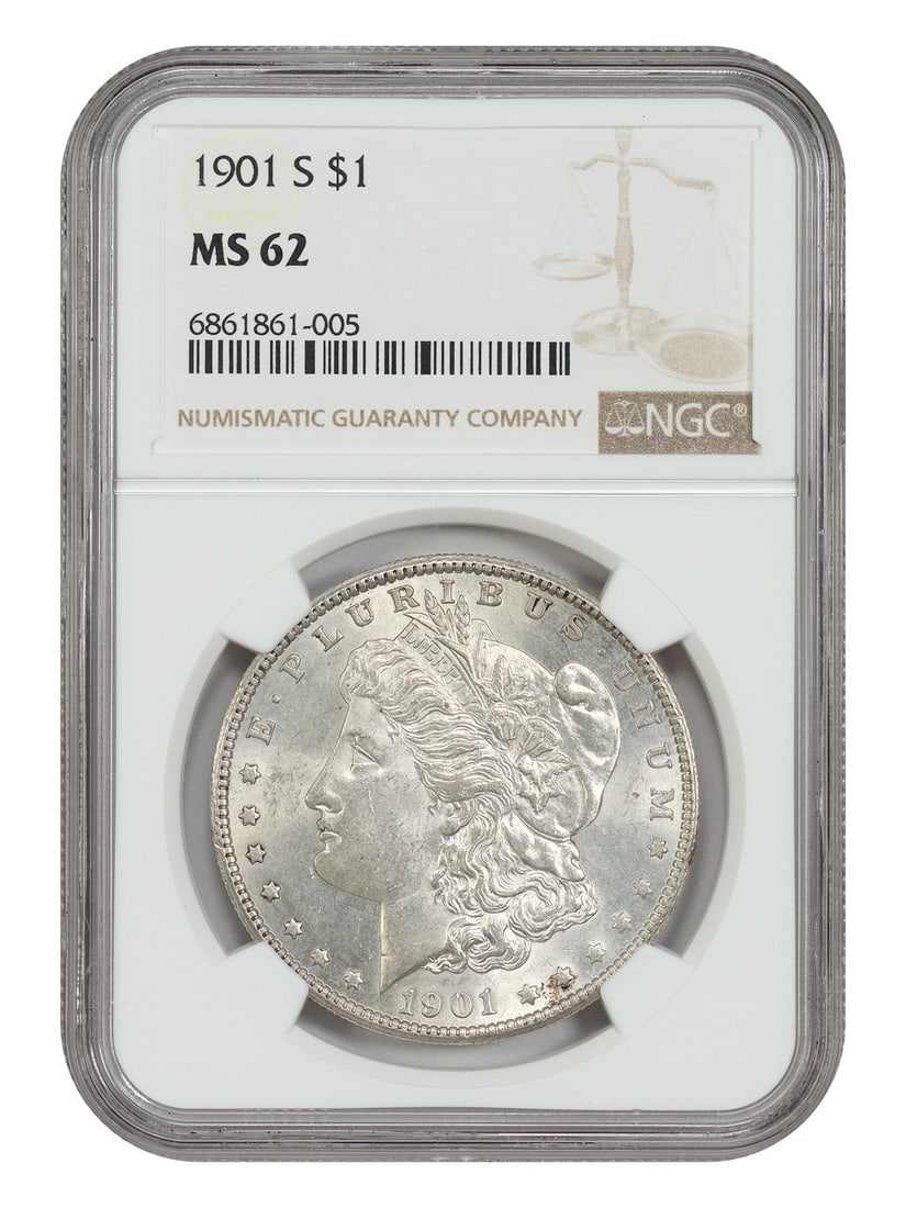 1901-S $1 NGC MS62 - Morgan Dollar - Better Date S-Mint: 1901-S $1 NGC MS62 - Morgan Dollar - Better Date S-Mint A rare and highly sought-after 1901-S Morgan Dollar, certified by the NGC as MS62, is up for grabs in this auction. This uncirculated coin boast