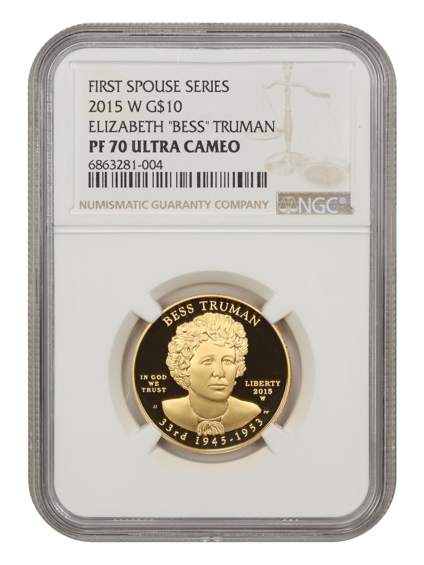 NGC PR70DCAM 2015-W Bess Truman: NGC PR70DCAM 2015-W Bess Truman Get ready to own a piece of history with the 2015-W Bess Truman $10 coin, certified PR70DCAM by NGC. As one of the First Spouses series, this uncirculated coin is a mus