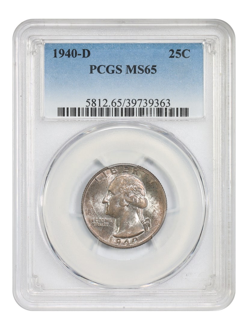 PCGS MS65 1940-D Washington Quarter: PCGS MS65 1940-D Washington Quarter A rare gem from the Denver Mint, this 1940-D Washington Quarter is certified MS65 by PCGS, one of the highest grades for circulated coins. In near-mint condition,