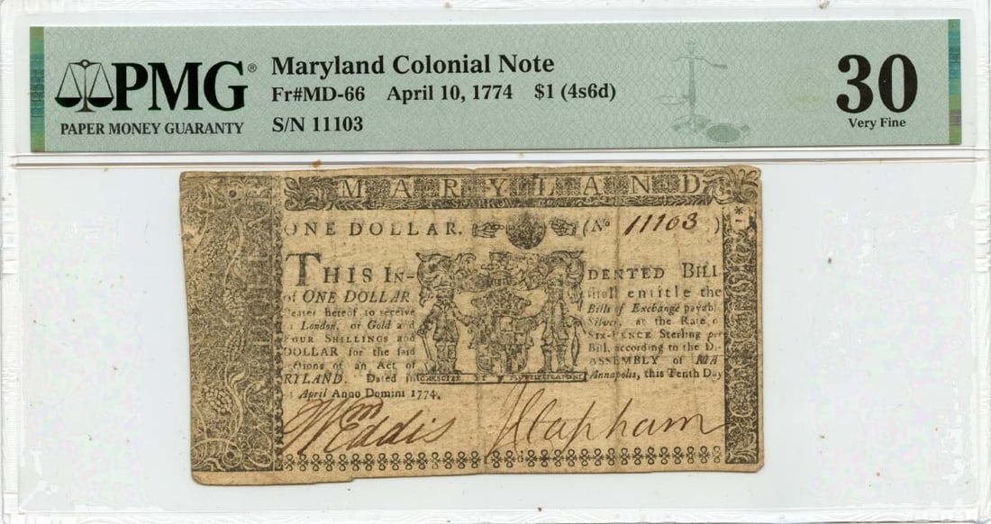 1774 April 10, $1 (4s6d) Maryland Colonial Note FR#MD-66 PMG VF30 (1 of 1)