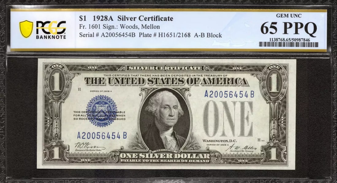 1928 A $1 SILVER CERTIFICATE FR.1601 WOODS MELLON A-B BLOCK PCGS 65 PPQ (454B) (1 of 2)