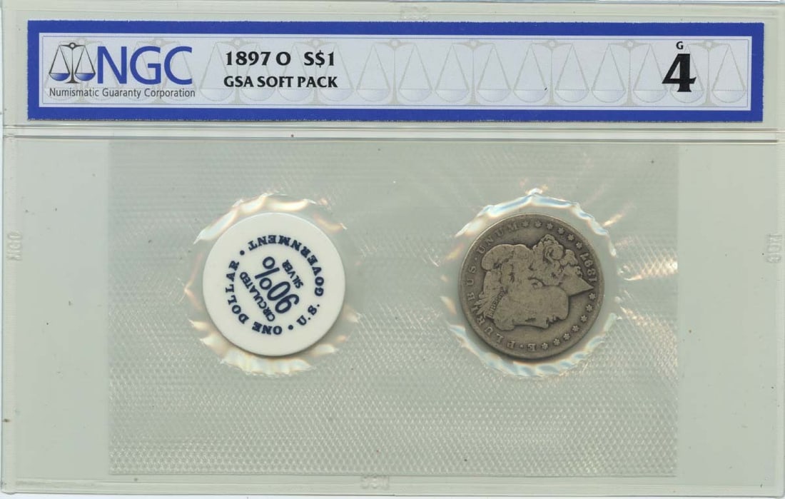 1897-O Morgan Dollar GSA SOFT PACK S$1 NGC G4: 1897-O Morgan Dollar GSA SOFT PACK S$1 NGC G4 A rare and highly sought-after 1897-O Morgan Dollar, certified by the Numismatic Guaranty Corporation (NGC) as G4 grade, is up for auction. This circulate