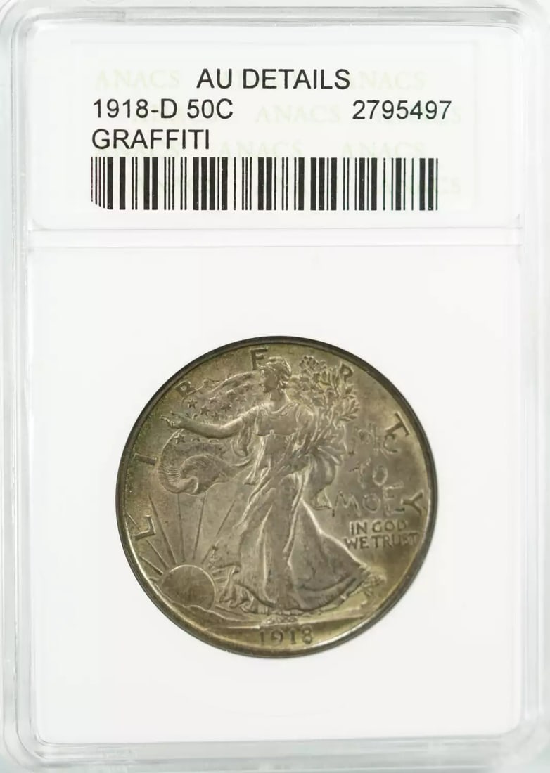 1918 D WALKING LIBERTY HALF DOLLAR 50C ANACS AU ABOUT UNC DETAILS GRAFFITI (497): 1918 D WALKING LIBERTY HALF DOLLAR 50C ANACS AU ABOUT UNC DETAILS GRAFFITI (497) Experience the iconic Walking Liberty half dollar from 1918, a rare and highly sought-after coin featuring a stunning p