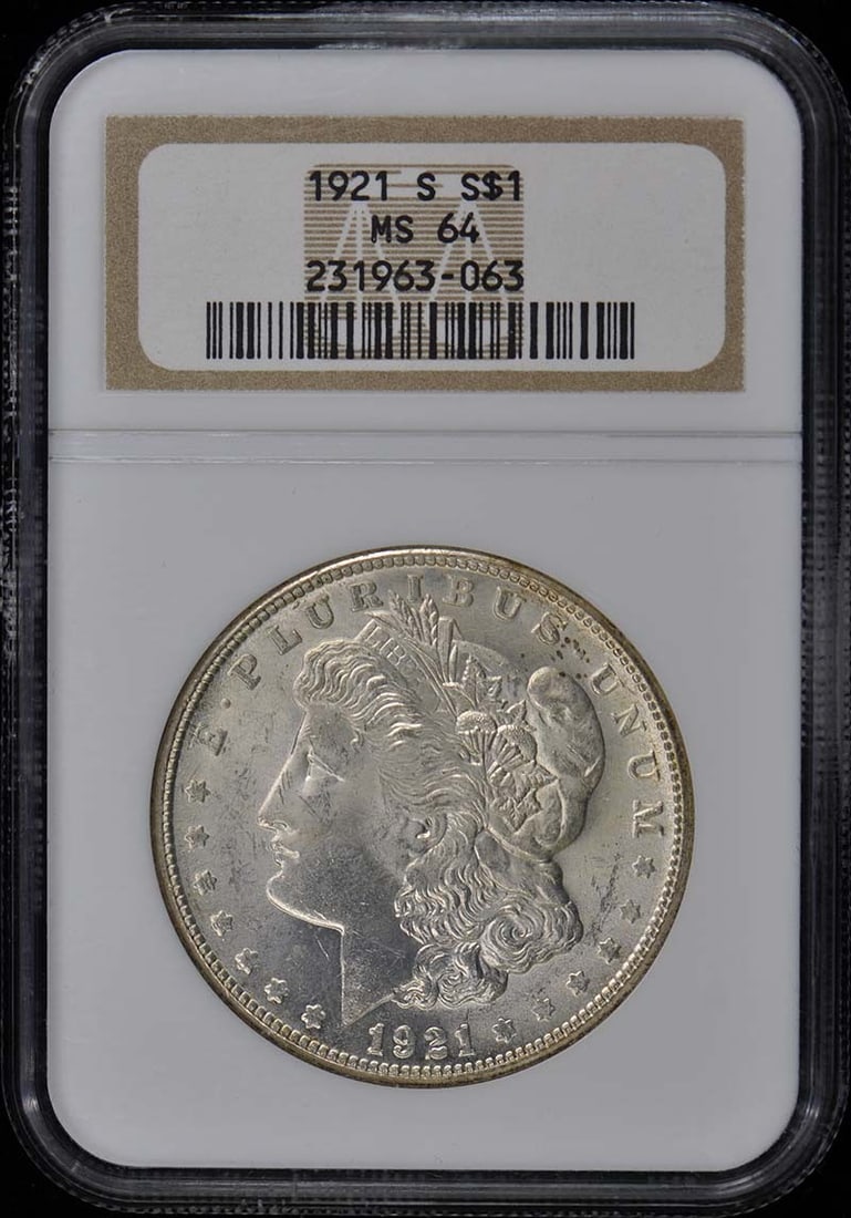1921-S Morgan Dollar S$1 NGC MS64: 1921-S Morgan Dollar S$1 NGC MS64 A stunning example of American numismatic history, this 1921-S Morgan Dollar boasts an impressive NGC MS64 grade, showcasing its exceptional condition and rarity. Cer