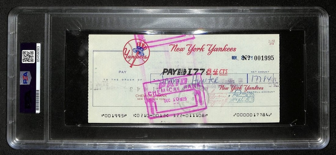 Jim Hunter HOF Signed/ Auto 1975 NY Yankees Payroll Bank Check PSA/ DNA 194542 (1 of 2)