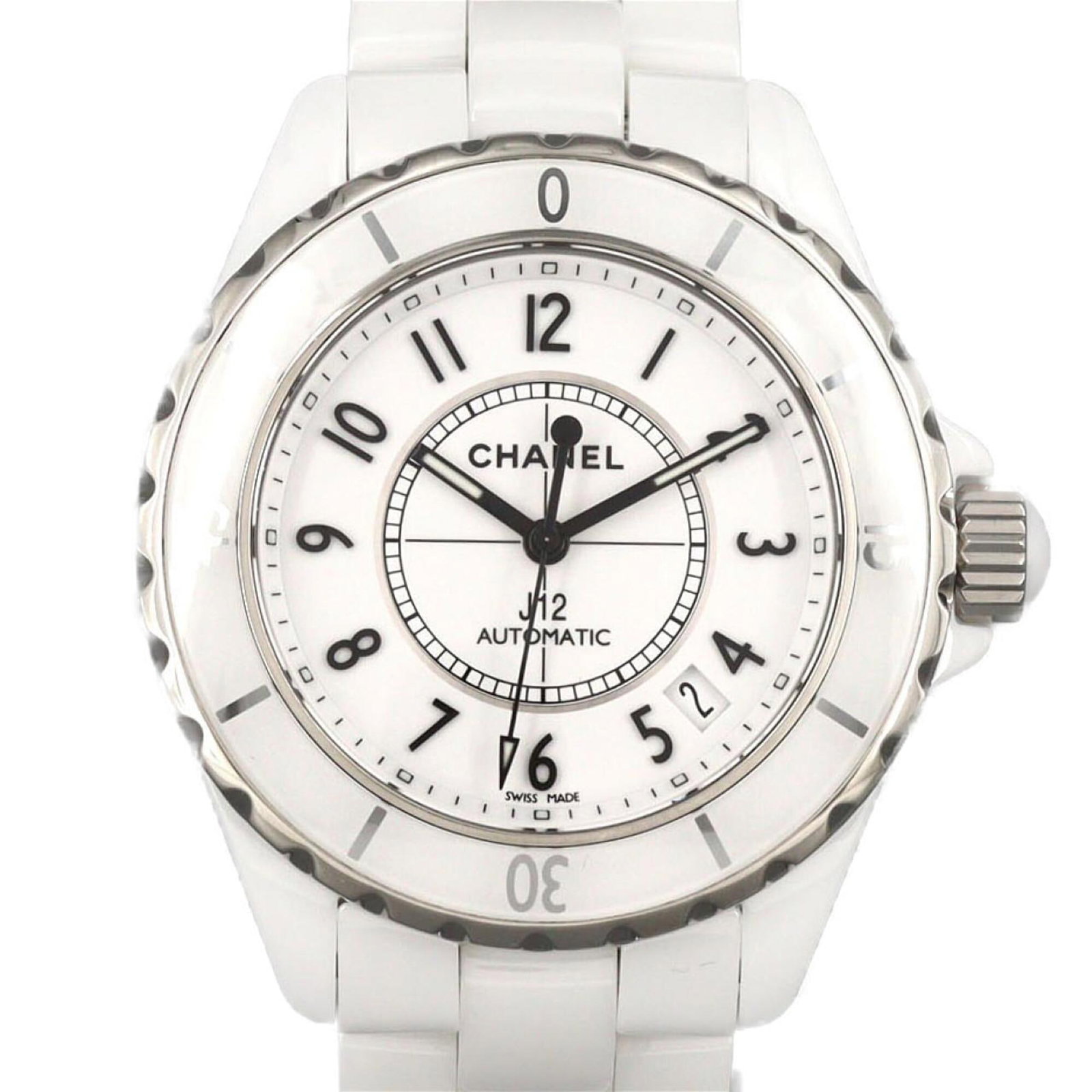 Chanel is a wristwatch.: Chanel is a wristwatch. A sleek and sophisticated timepiece, this Chanel wristwatch boasts a striking white dial against its durable ceramic case, measuring 38mm in diameter. With its comfortable 19.5