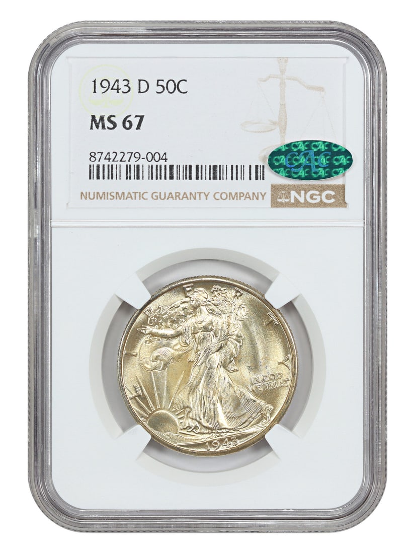 Walking Liberty Half Dollar 1943-D MS67 CAC: Walking Liberty Half Dollar 1943-D MS67 CAC Experience the rarest of rarities with this stunning 1943-D Walking Liberty Half Dollar, certified MS67 by NGC and graded CAC. As one of only a handful of c
