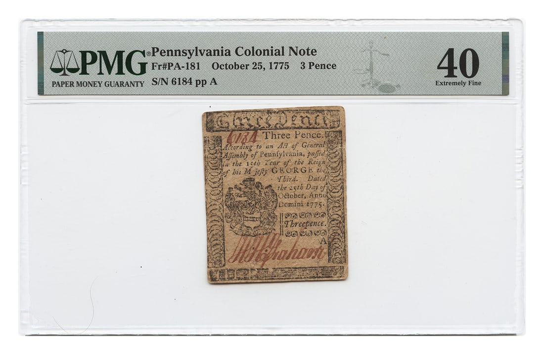 FR. PA-181 Oct. 25, 1775 3 Pence Pennsylvania Colonial Currency PMG XF40 - Colon (1 of 2)