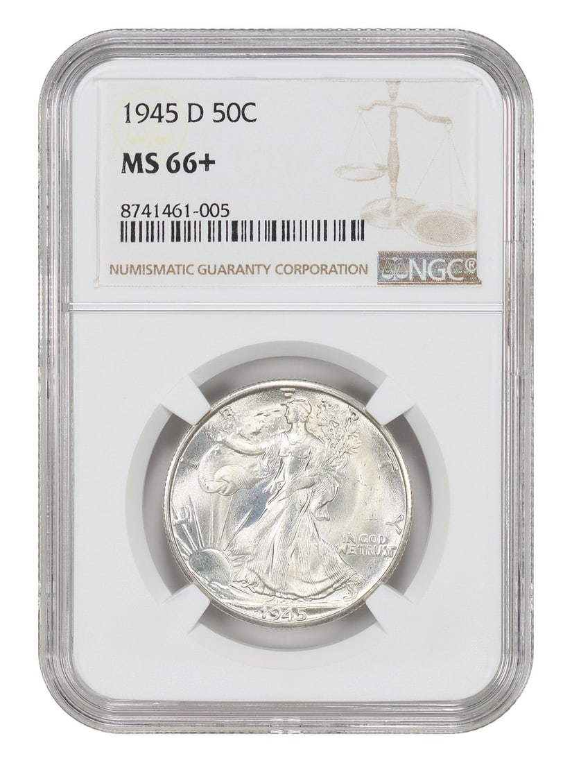 1945-D 50C NGC MS66+ - Walking Liberty Half Dollar: 1945-D 50C NGC MS66+ - Walking Liberty Half Dollar A rare and highly sought-after 1945-D Walking Liberty Half Dollar, graded MS66+ by the NGC, boasts stunning mint state condition with rich details th