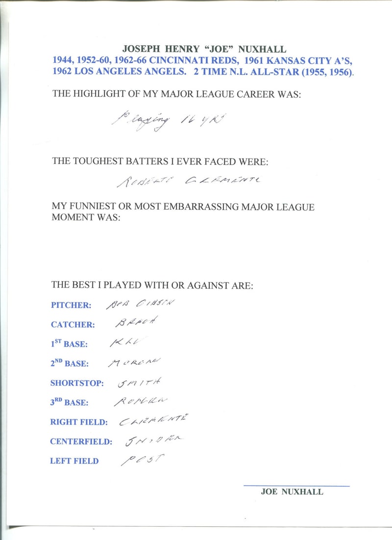 Joe Nuxhall Autographed Hand Filled Out Survey Page (1 of 1)