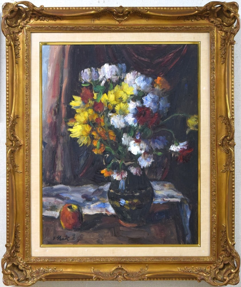 Hungarian modern art framed oil painting of flowers and apple still life by P. Bak Janos. (1 of 10)