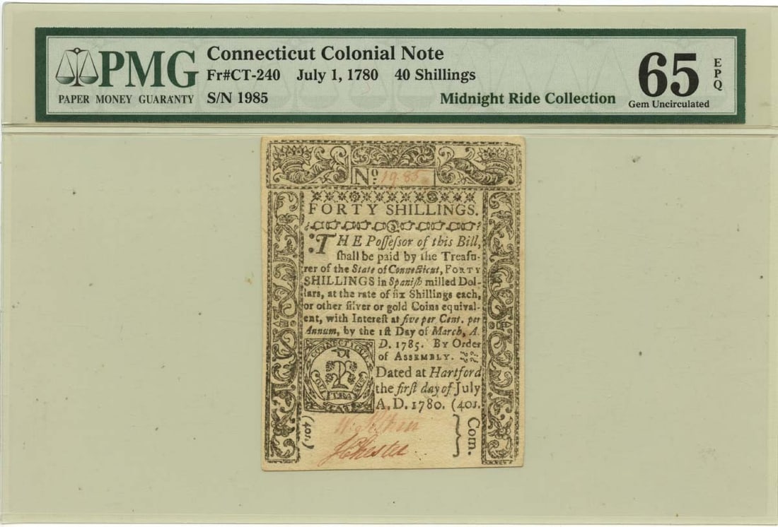 1780 July 1, 40s Connecticut Colonial Note FR#CT-240 PMG GEM 65 EPQ Finest Known (1 of 1)