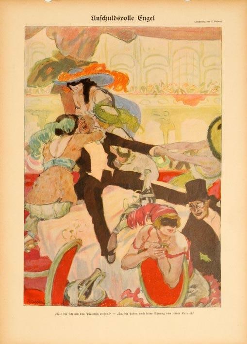 Kainer Bal Simplicissimus 1913 Original Linen Scene: Kainer Bal Simplicissimus 1913 Original Linen Scene Experience the elegance of Art Nouveau with this rare 1913 original linen scene by Kainer, featuring a stunning fashion illustration in exquisite de