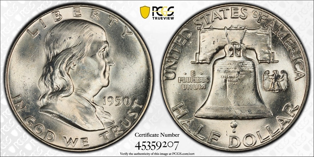 1950 FRANKLIN HALF DOLLAR 50C PCGS MS 65 FBL MINT UNC - FULL BELL LINES (207): 1950 FRANKLIN HALF DOLLAR 50C PCGS MS 65 FBL MINT UNC - FULL BELL LINES (207) Experience the iconic design of the 1950 Franklin half dollar in pristine condition, certified by PCGS as MS 65 and boasti