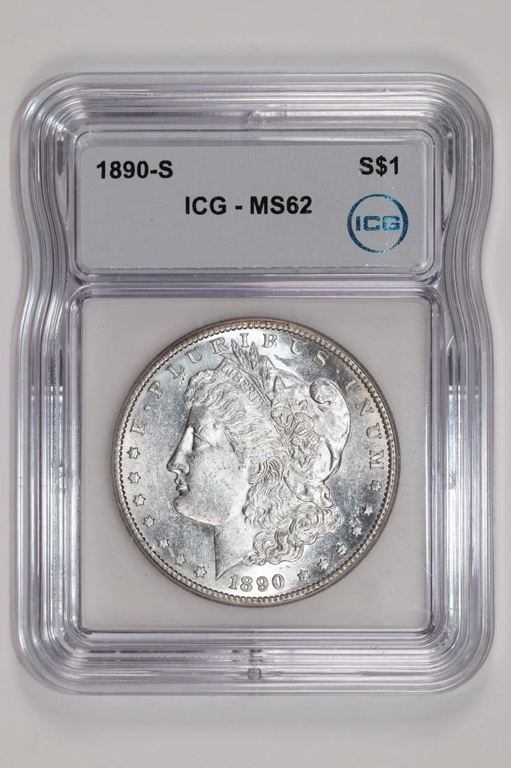 1890-S MORGAN DOLLAR ICG MS62: 1890-S MORGAN DOLLAR ICG MS62 Experience the beauty of the 1890-S Morgan Dollar, a highly sought-after coin from one of America's most iconic series. Certified by the International Coin Grading Servic