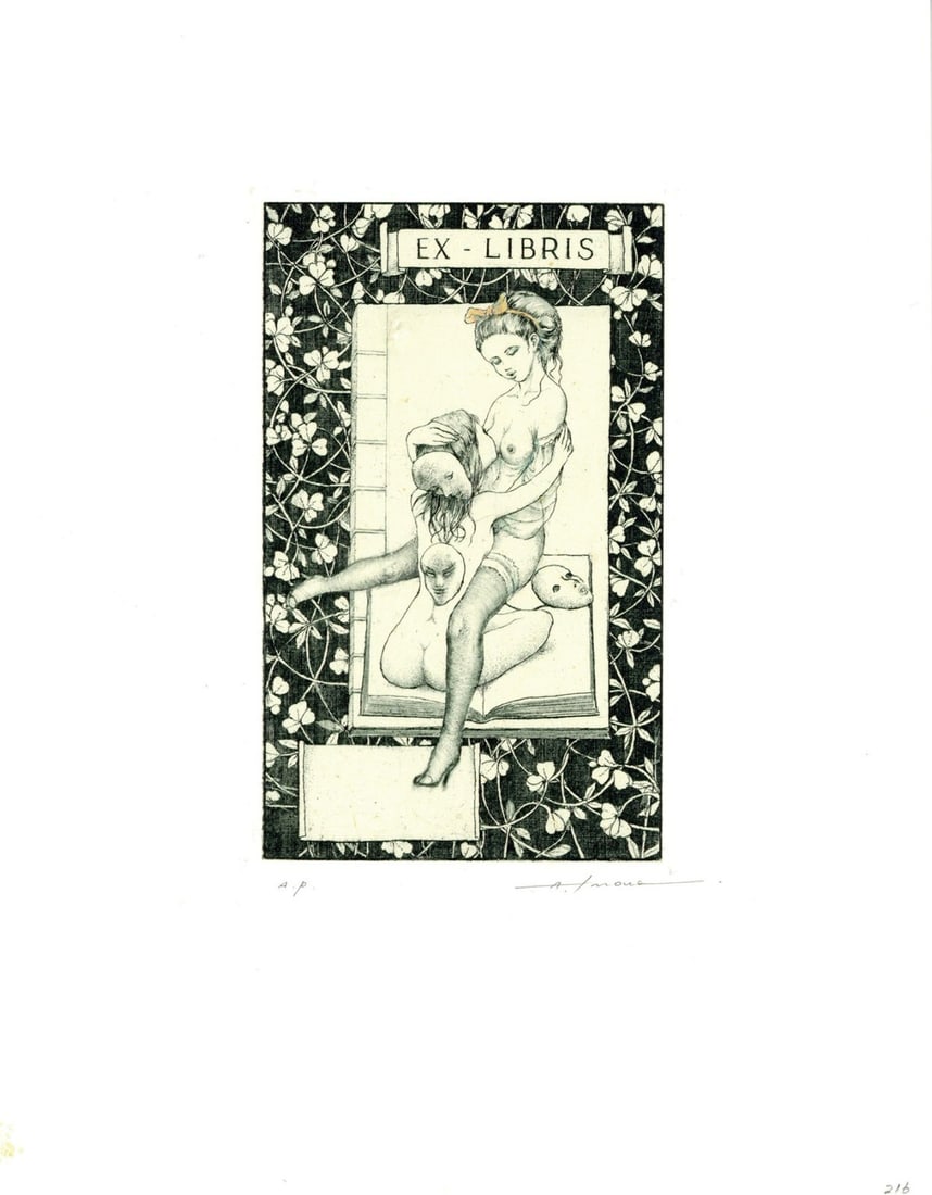 Alphonse Inoue copperplate print engraving Ex Libris Girl Friends paper signed (1 of 1)