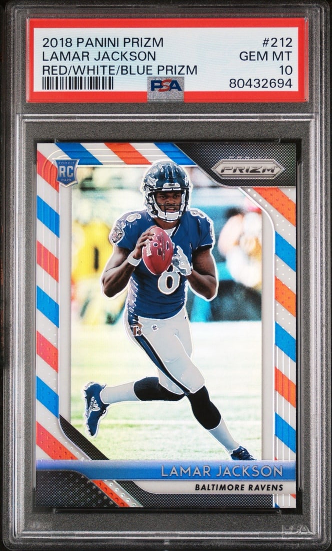 2018 PANINI PRIZM LAMAR JACKSON #212 RED WHITE BLUE PRIZM ROOKIE PSA 10 (1 of 3)