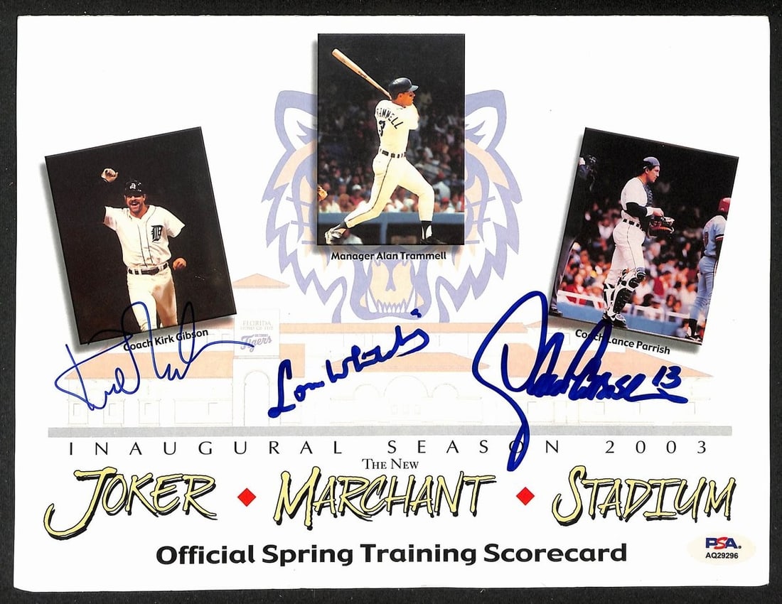 Gibson/ Trammell/ Parish Signed 2003 Tigers Spring Training Scorecard PSA/ DNA (1 of 1)