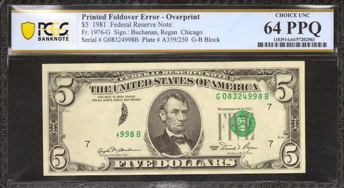 1981 $5 FEDERAL RESERVE NOTE CHICAGO FR.1976-G PCGS 64 CU - FOLDOVER ERROR (998B (1 of 2)