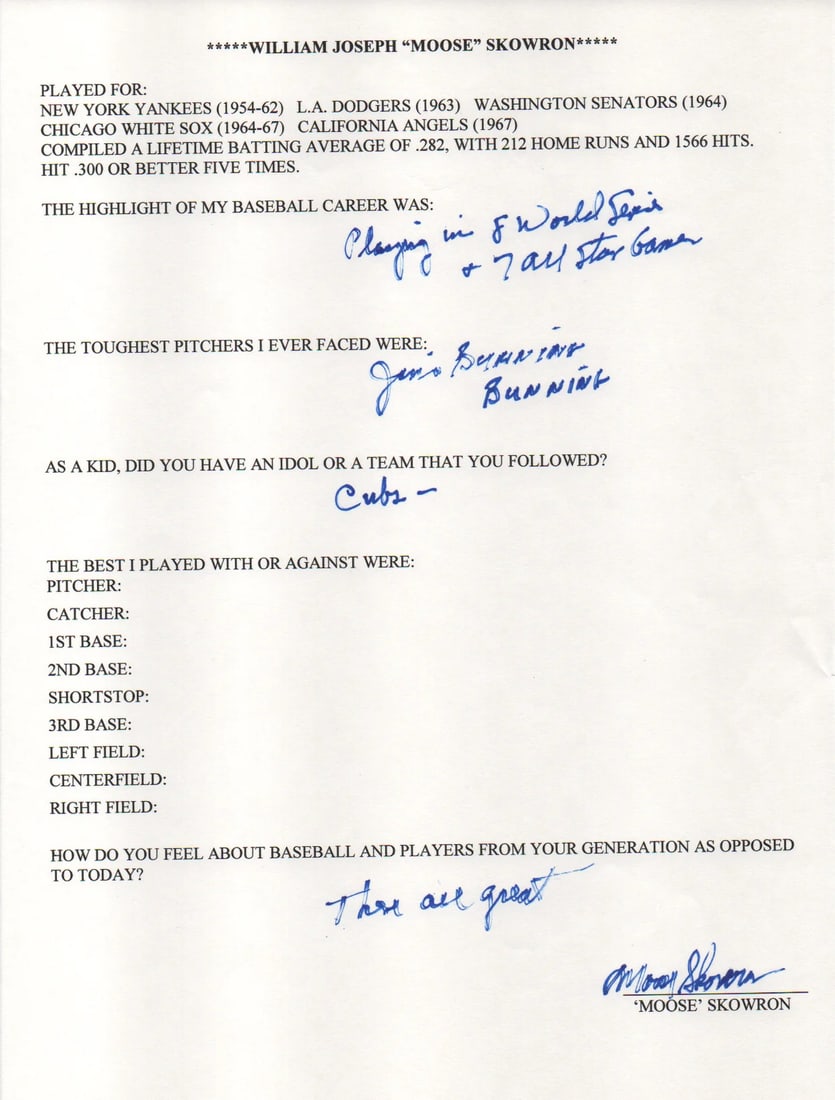 Moose Skowron Autographed Hand Filled Out Survey Page (JSA) (1 of 2)