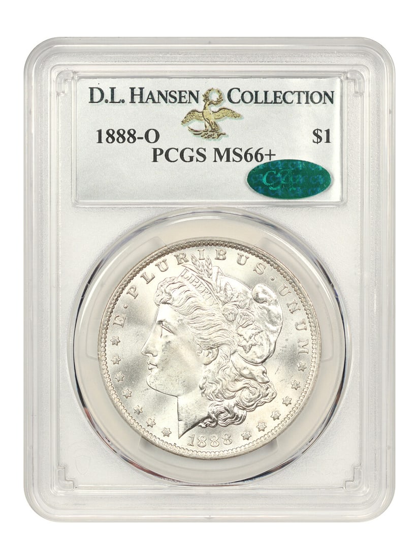 1888-O $1 PCGS/ CAC MS66+ ex: D.L. Hansen: 1888-O $1 PCGS/ CAC MS66+ ex: D.L. Hansen Experience the beauty of the 1888-O Morgan Dollar, certified by PCGS and CAC as MS66+, with its striking details and rich history. This uncirculated coin