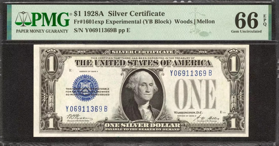 1928 A $1 EXPERIMENTAL SILVER CERTIFICATE FR.1601exp Y-B BLOCK PMG 66 EPQ (369B): 1928 A $1 EXPERIMENTAL SILVER CERTIFICATE FR.1601exp Y-B BLOCK PMG 66 EPQ (369B) Rarity seekers, take note! This 1928 A $1 Experimental Silver Certificate is a true gem for collectors, boasting a PMG