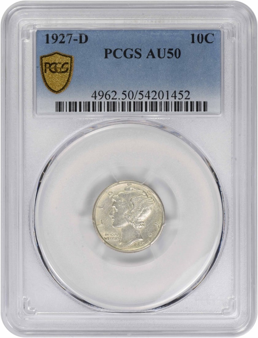 1927-D Mercury Silver Dime AU50 PCGS: 1927-D Mercury Silver Dime AU50 PCGS Experience the charm of the 1927-D Mercury Silver Dime, a stunning example of American numismatic history. With its AU50 grade and PCGS certification, this circula