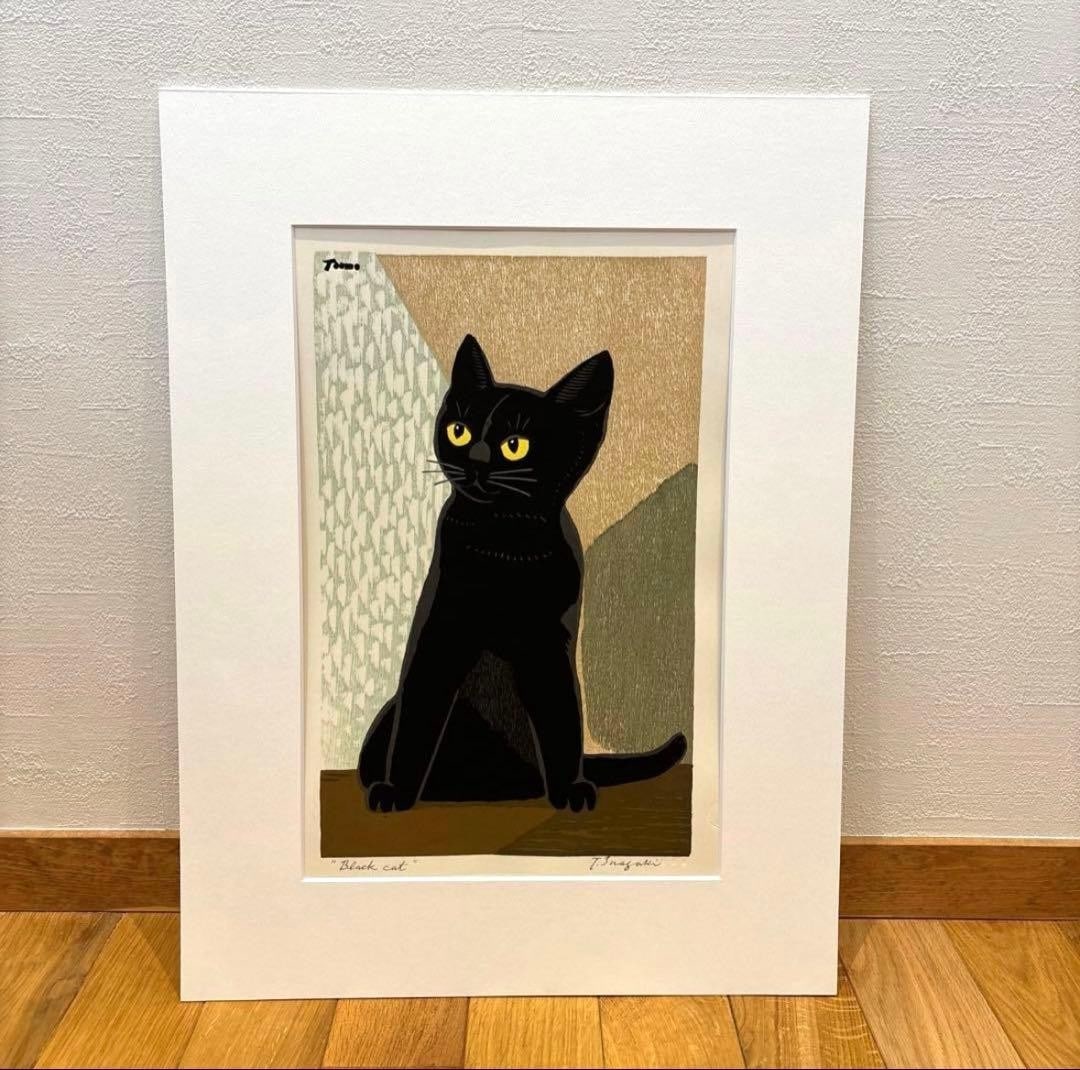 Tomoo Inagaki Black Cat Woodblock Signed Sheet Only Rare Collectible Art (1 of 5)