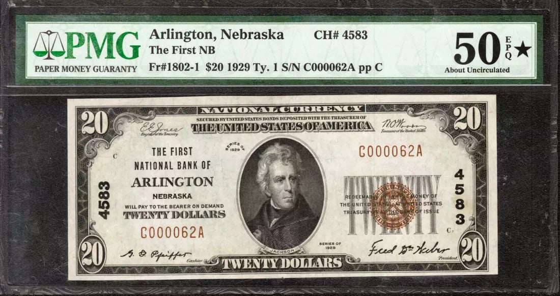 1929 $20 FIRST NATIONAL BANK NOTE CURRENCY ARLINGTON NE PMG AU 50 EPQ STAR (062A (1 of 2)