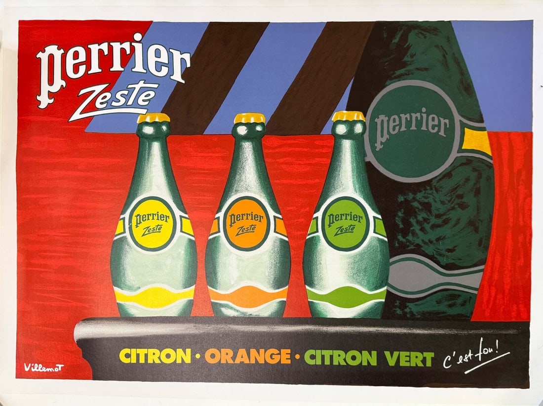 Perrier Zeste Bernard Villemot Vintage Poster On Heavy Paper On Linen: Perrier Zeste Bernard Villemot Vintage Poster On Heavy Paper On Linen Experience the iconic style of French artist Bernard Villemot with this vintage Perrier Zeste poster, created in 1987 and printed